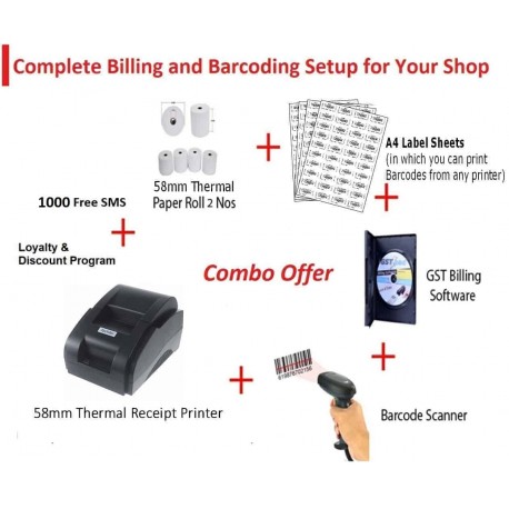 Combo Receipt Printer + Barcode Scanner + QuickBarcode CPP Billing & Accounting Software + Thermal Rolls + A4 Label Sheets